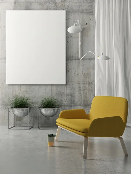 Attrappe eines leeren Posters an der Wand des Hipster-Wohnzimmers, 3D-Darstellung — Stockfoto