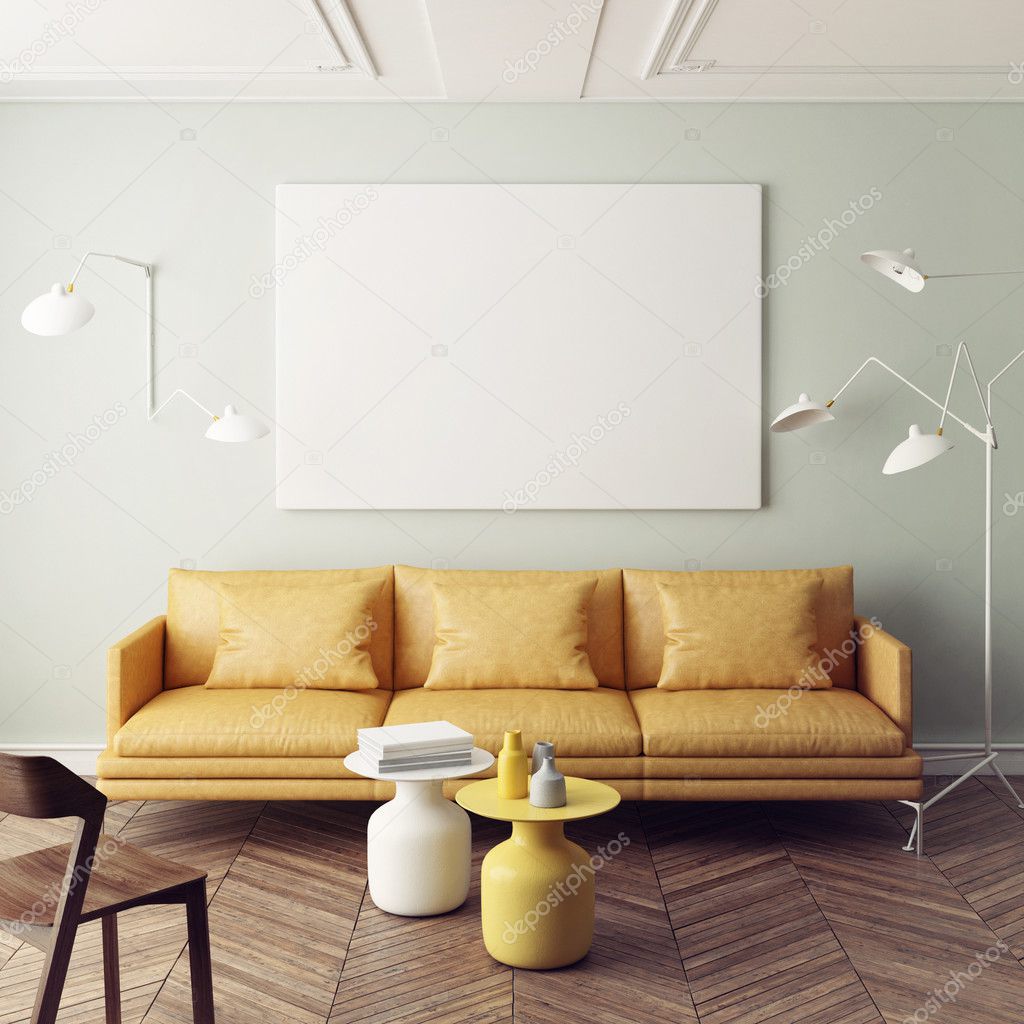 Mock up poster, interior composition, sofa, lamp and white poster, 3d render