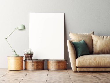 Alay poster, iç kompozisyon, kanepe, lamba ve beyaz poster, 3d render.