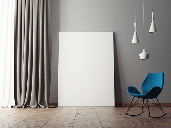 Vysmívat se prázdné plakát na zdi bokové obývacího pokoje, vykreslování 3d objektů — Stock fotografie