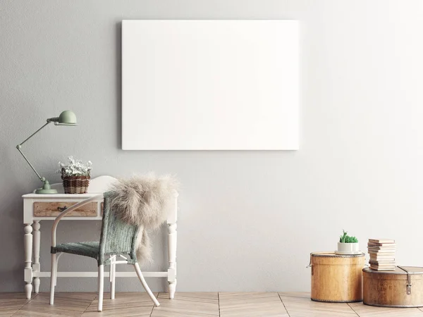 Simular cartaz em branco na parede da sala de estar, renderização 3D — Fotografia de Stock