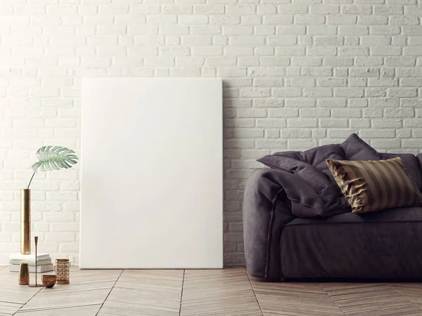 ヴィンテージ ソファー、れんが造りの白い背景、3 d イラストレーションとポスターを閉じる — ストック写真