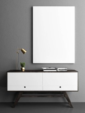 Poster çerçevesi ile retro Çekmeceli, yenilikçi iç arka plan, 3d render, 3d çizim üzerinde yukarı alay