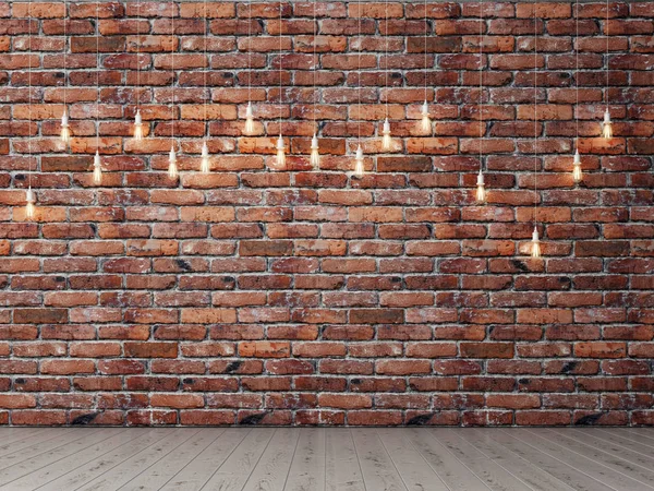 Rote Ziegel leere Wand mit Glühbirnen, Hintergrund, 3D-Illustration — Stockfoto