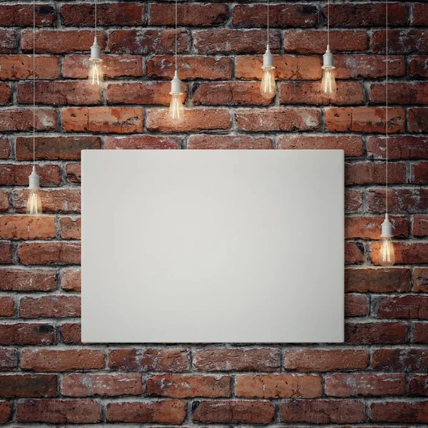 Cartaz branco com lâmpadas na parede de tijolo vermelho, ilustração 3d — Fotografia de Stock