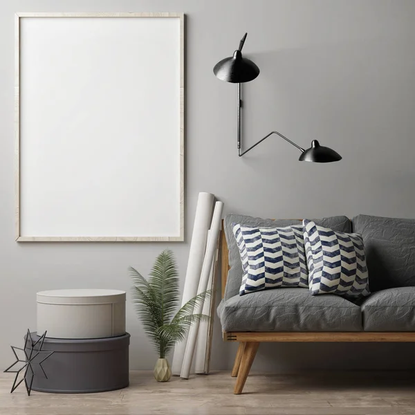 Blank poster on grey wall, hipster sofa — Stock Photo, Image