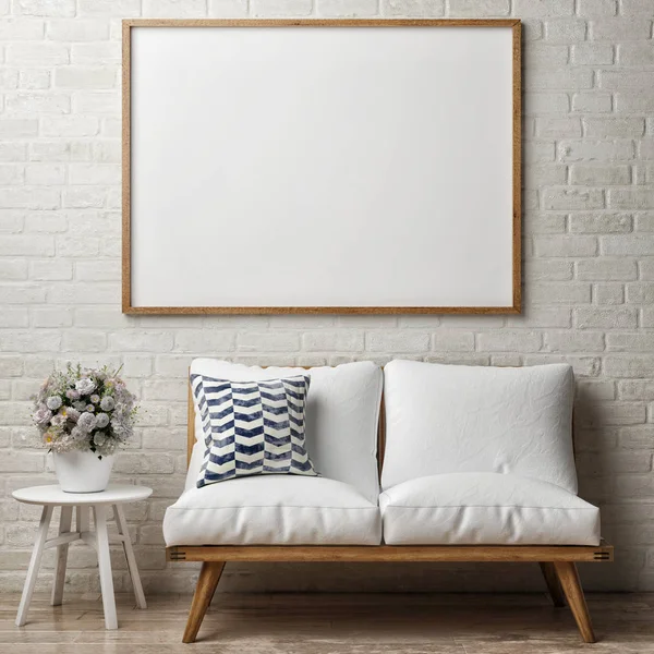 Cartel de primer plano en la pared de ladrillo blanco, interior hipster —  Fotos de Stock