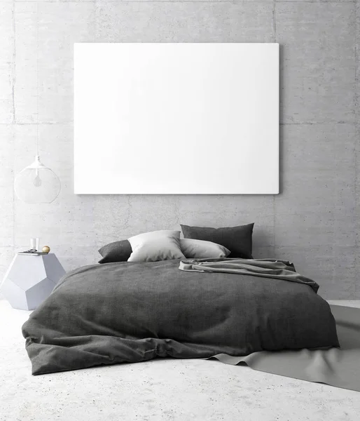 Yatak odası arka planda beyaz poster — Stok fotoğraf