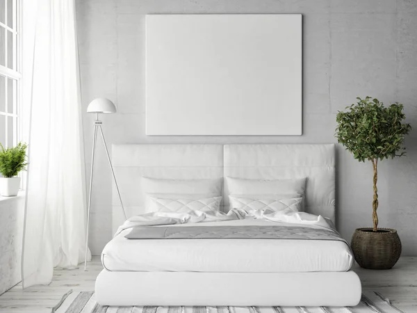 Mock up poster in white bedroom — Stock Photo, Image