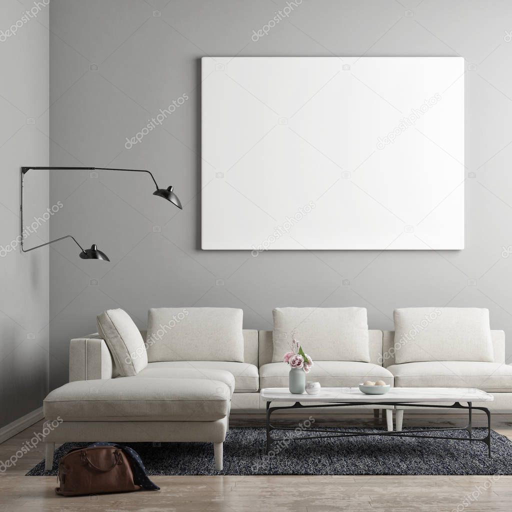 White poster in Scandinavian living room