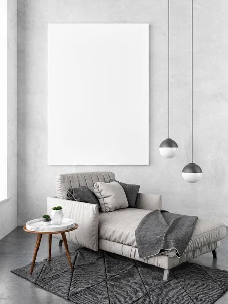 Concepto interior maqueta de póster, sofá hipster fondo — Foto de Stock