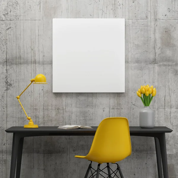 Poster in working space, minimalism concept with yellow tulips — Stock Photo, Image