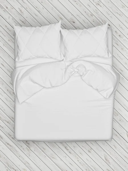 Bílá postel na dřevěné bílé podlaze, Skandinávský design — Stock fotografie
