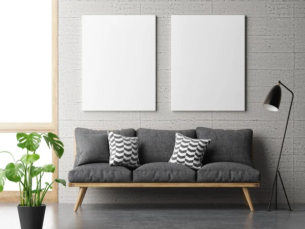 Sonho sala de estar, conceito de minimalismo com cartazes simulados na parede de concreto — Fotografia de Stock