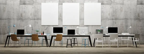 Dream work space office, three mock up poster on concrete wall — Stock Photo, Image