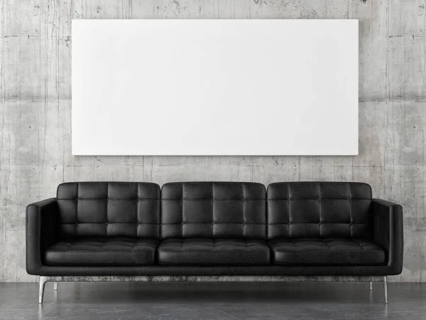 Vízszintes ál-up poszter, betonfal háttér fekete bőr kanapé — Stock Fotó
