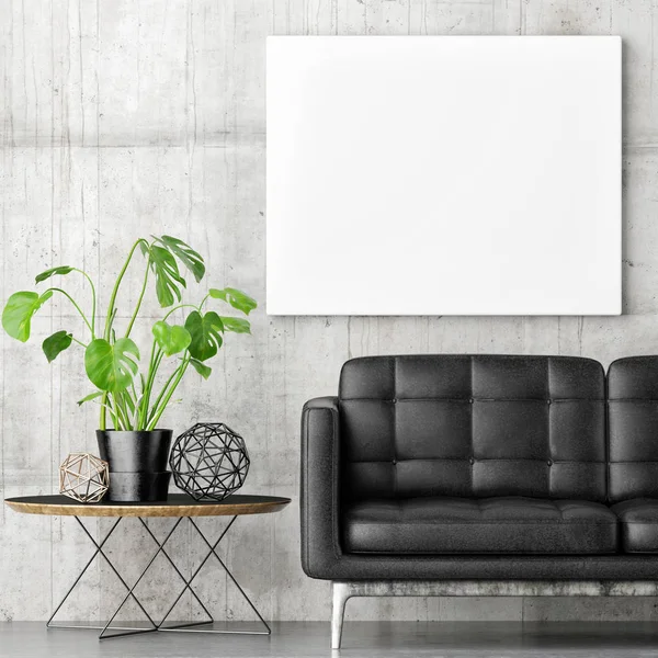 Cartaz com sofá preto e compositiom verde planta — Fotografia de Stock