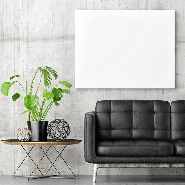 Poster mit schwarzem Sofa und grünem Pflanzenverbund — Stockfoto