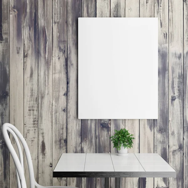 White poster above coffee table, wooden background — Stock Photo, Image