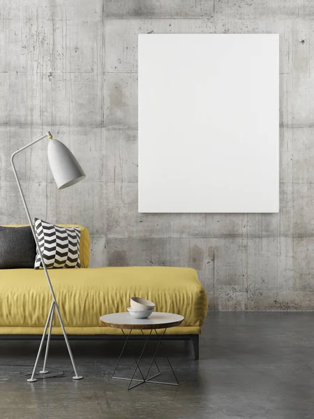 Yellow sofa with mock up poster, concrete — Stock Photo, Image