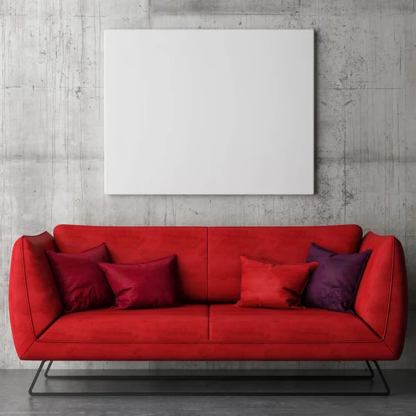 White poster on concrete wall, red sofa — Stock Photo, Image