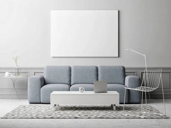 白色海报在客厅里, 斯堪的纳维亚设计 — 图库照片