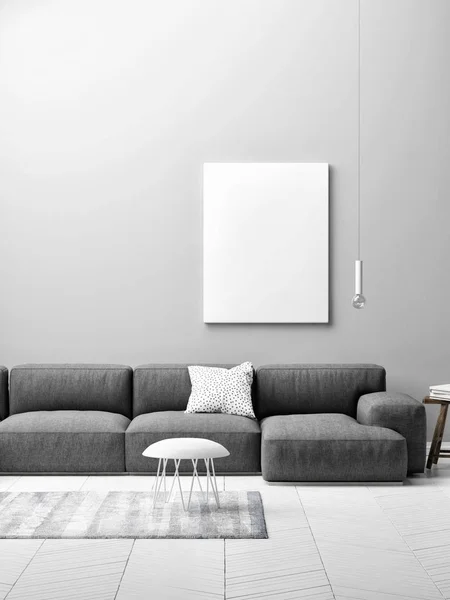 Living room concept with mock up poster on gray wall — Stock Photo, Image