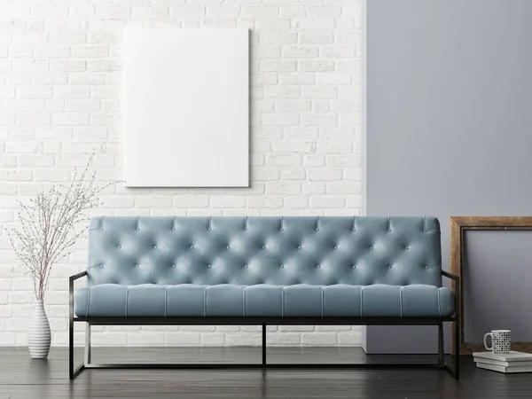 Mock up poster on white brick wall, blue sofa living room — Stock Photo, Image