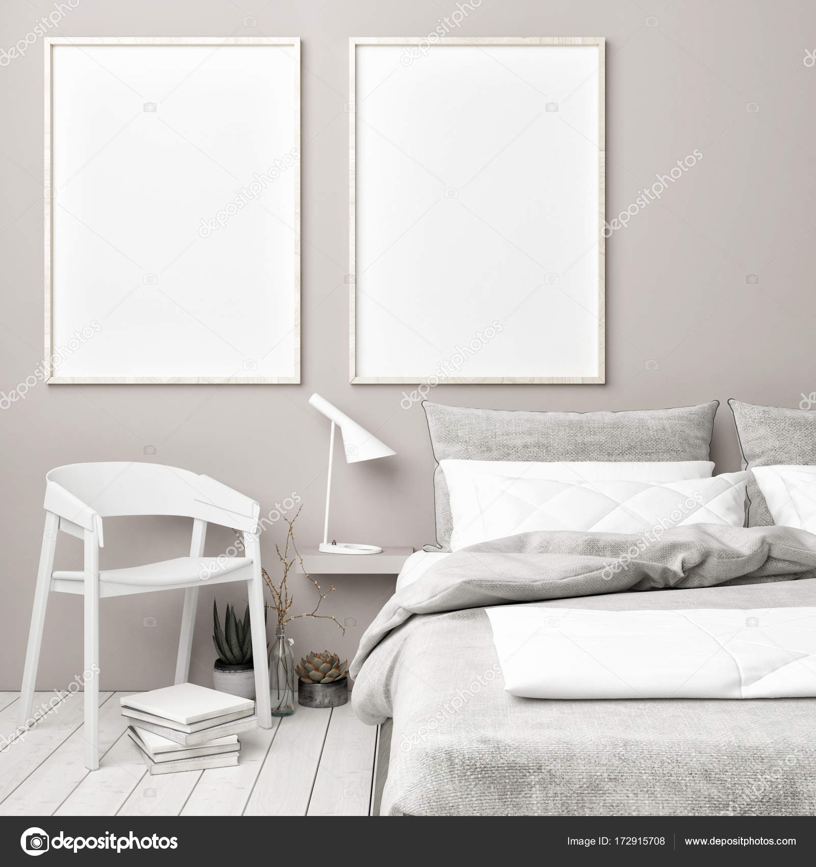Scandinavische slaapkamer met mock up posters — Stockfoto ... Scandinavische slaapkamer met mock up posters — Stockfoto ...