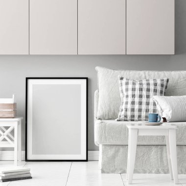 Alay poster, kanepe ve yenilikçi iç kavramı, İskandinav tarzı.