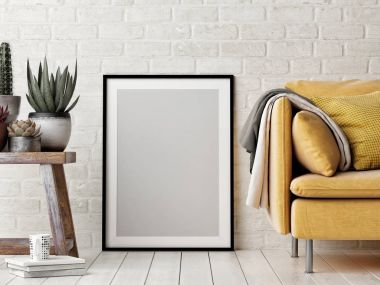 Alay poster, iç kompozisyon, kanepe, ahşap sandalye, çiçek ve beyaz poster.