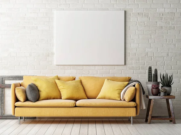 Cartaz com sofá amarelo, cacto e moldura de madeira — Fotografia de Stock