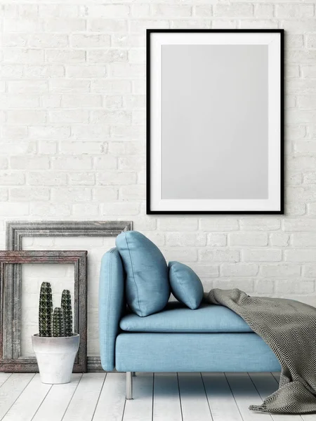 Hipster oturma odası konsepti ile sahte poster, beyaz tuğla duvar ve mavi koltuk yukarı, — Stok fotoğraf