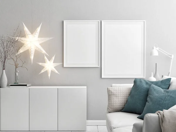 Woonkamer met mock up poster een decoratie van Kerstmis, — Stockfoto