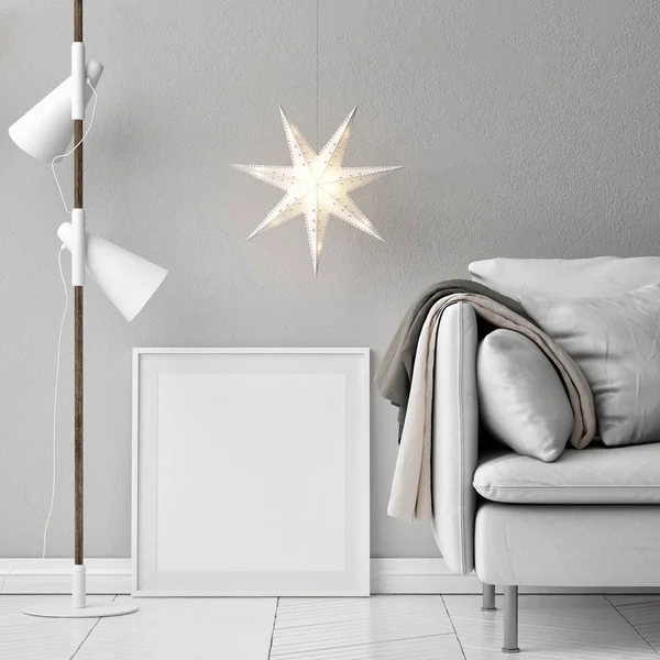 Cartaz recheado, sofá, lâmpada e decoração composição — Fotografia de Stock