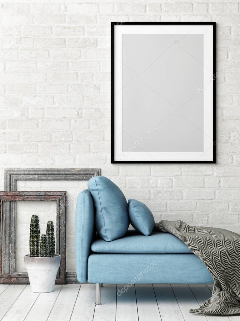 Hipster Living room concept with mock up poster, white brick wall and blue sofa, 