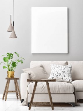 Oturma odası konsept tasarımı ile sahte kadar poster, 3d render, 3d çizim