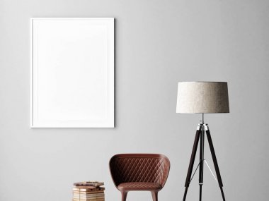 Poster gri duvar, iç mimari tasarım, lamba, sandalye, kitaplar, 3d render, 3d çizim üzerinde yukarı alay