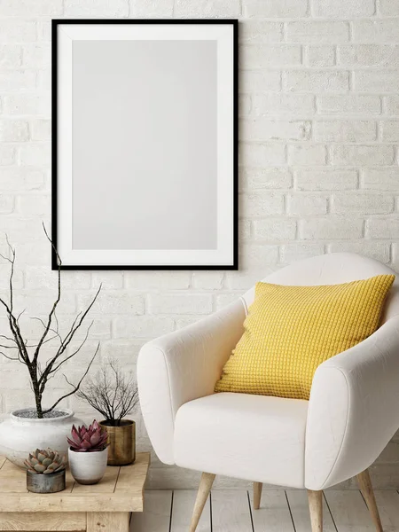 Mock up poster in Nordic interior design concept, comfortable sofa, yellow pillow, poster on white brick wall. 3d illustration