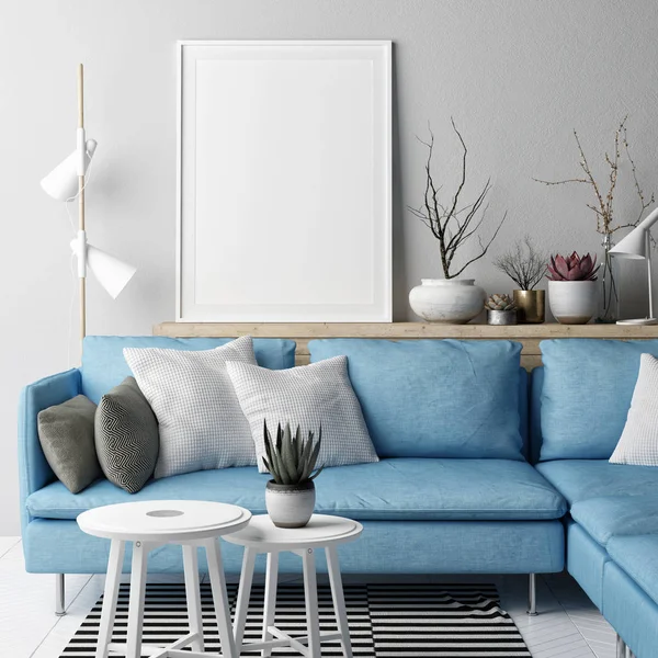 Poster Attrappe Nordisches Konzeptdesign Wohnzimmer Blaues Sofa Auf Grauem Hintergrund — Stockfoto