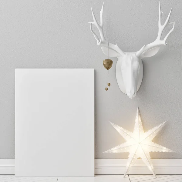 Mock Poster Met Kerstdecoratie Lichte Ster Lamp Herten Hoorns Render — Stockfoto