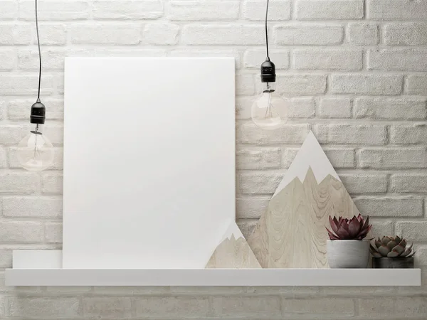 Simular Cartel Con Conjunto Decorativo Fondo Pared Ladrillo Blanco Render — Foto de Stock