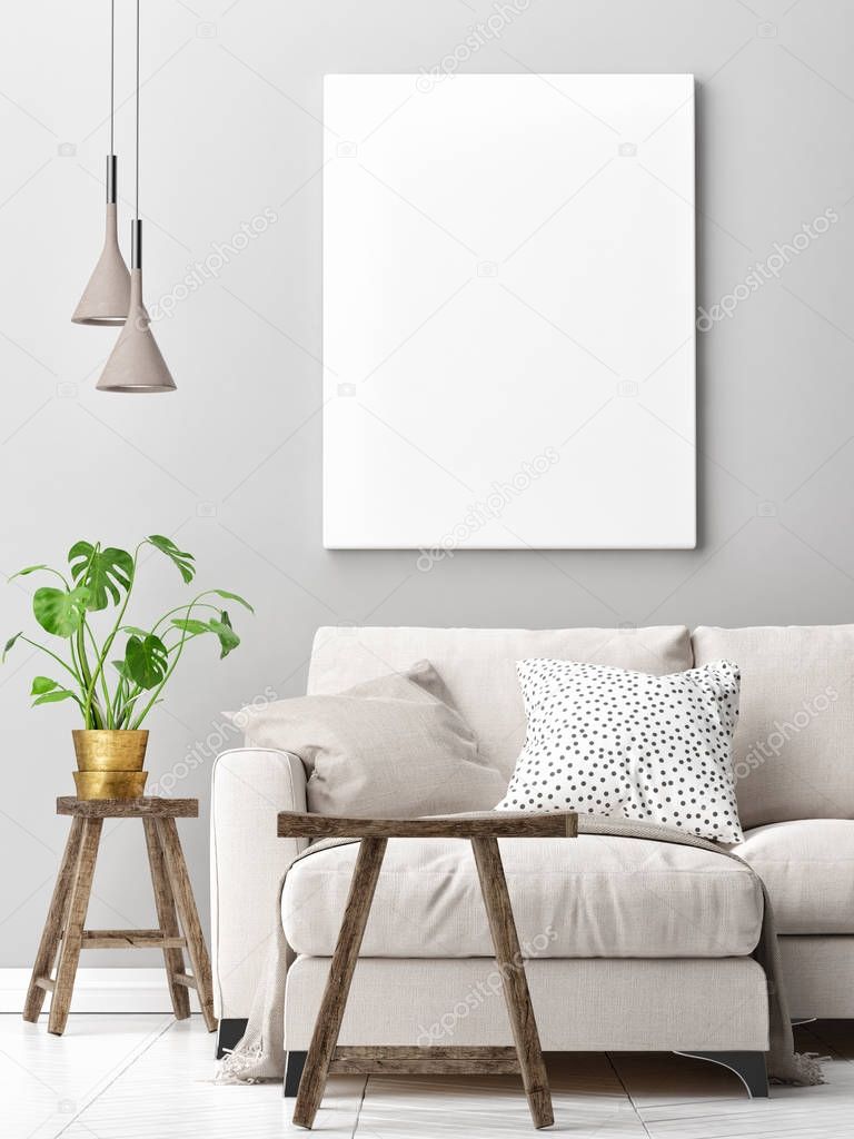 Living room concept design with mock up poster, 3d render, 3d illustration