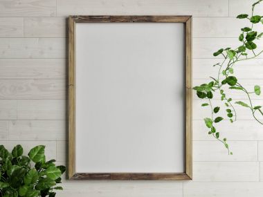 Altın lamba kompozisyon yazı tipinde gri duvar, 3d redner, 3d çizim ile ahşap çerçeve yukarı alay