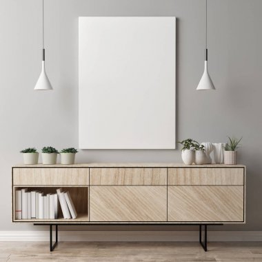 Poster çekmece, kitaplar, dekorasyon ayarı, 3d resim, 3d render ahşap sandık ile alay