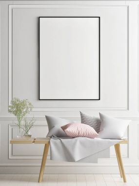 İskandinav iç konsept tasarımı, sanat eseri burada, 3d render, 3d çizim posterdeki kadar alay