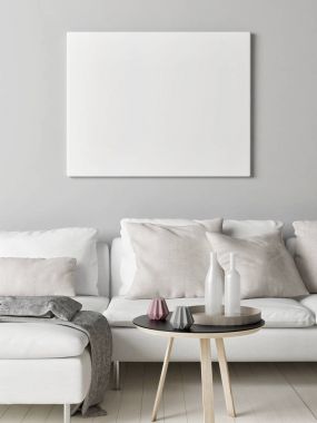 Poster İskandinav oturma odasında, burada sanat, 3d render, 3d çizim kadar alay