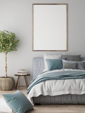 Alay poster, yatak odası iç konsepti, İskandinav tasarım, 3d render, 3d çizim.