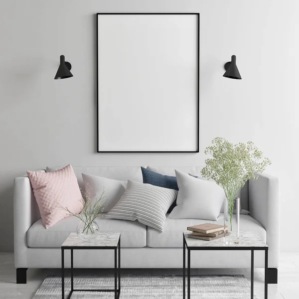 Mock Poster Scandinavische Woonkamer Kunstwerk Hier Render Illustratie — Stockfoto