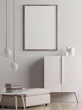 Alay poster, oturma odası iç kavramı, İskandinav tarzı, 3d render, 3d çizim.